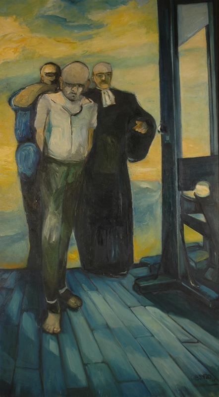 "L'Échafaud", huile sur toile, 200 x 120 cm, 1957. Château-Musée de Tournon-sur-Rhône.