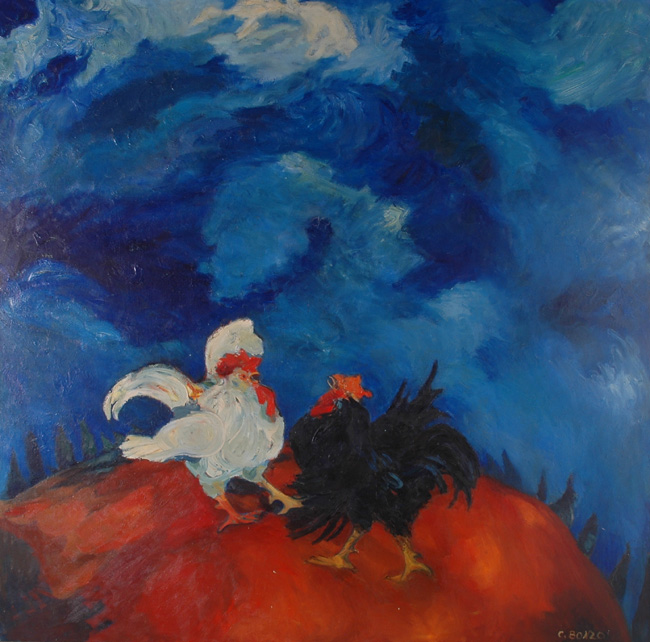 Colette Bonzo : “Combat de Coqs”, huile sur toile, 200 x 200 cm, 1960.