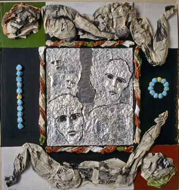 Hubert Stérin, "sans titre" collage, acrylique, papier d'aluminium, papier journal, 1983.